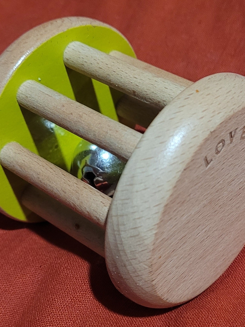 Natural Wood Rattle Toy with Yellow Accents - Baby Sensory Toy